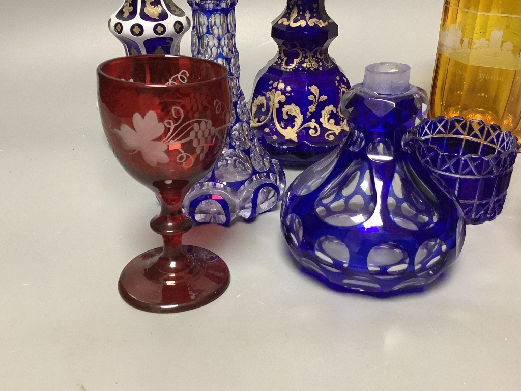 Mixed overlaid and etched glass, bottles, etc. tallest 18cm